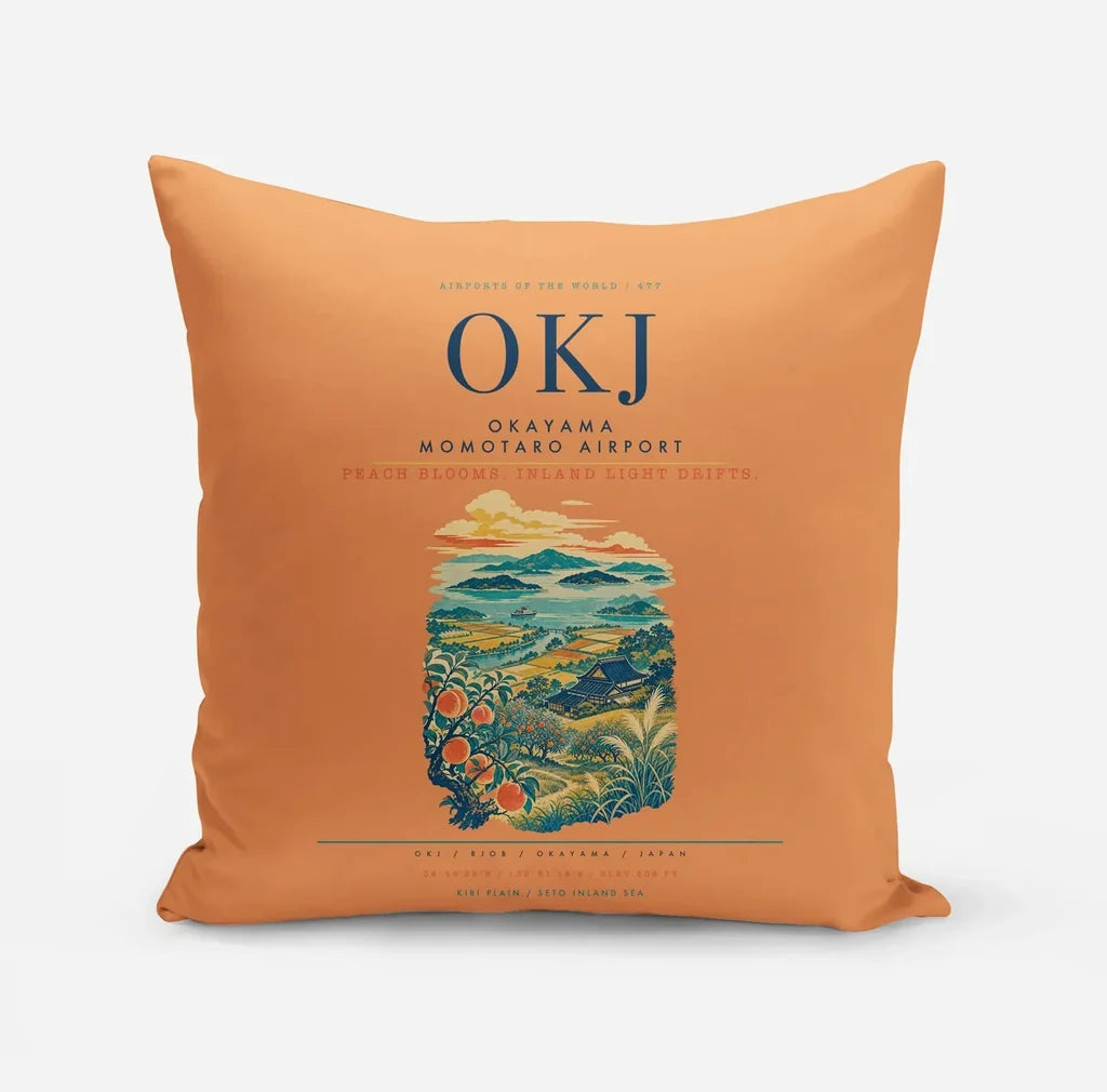 Okayama Momotaro Airport (OKJ) design on orange pillow