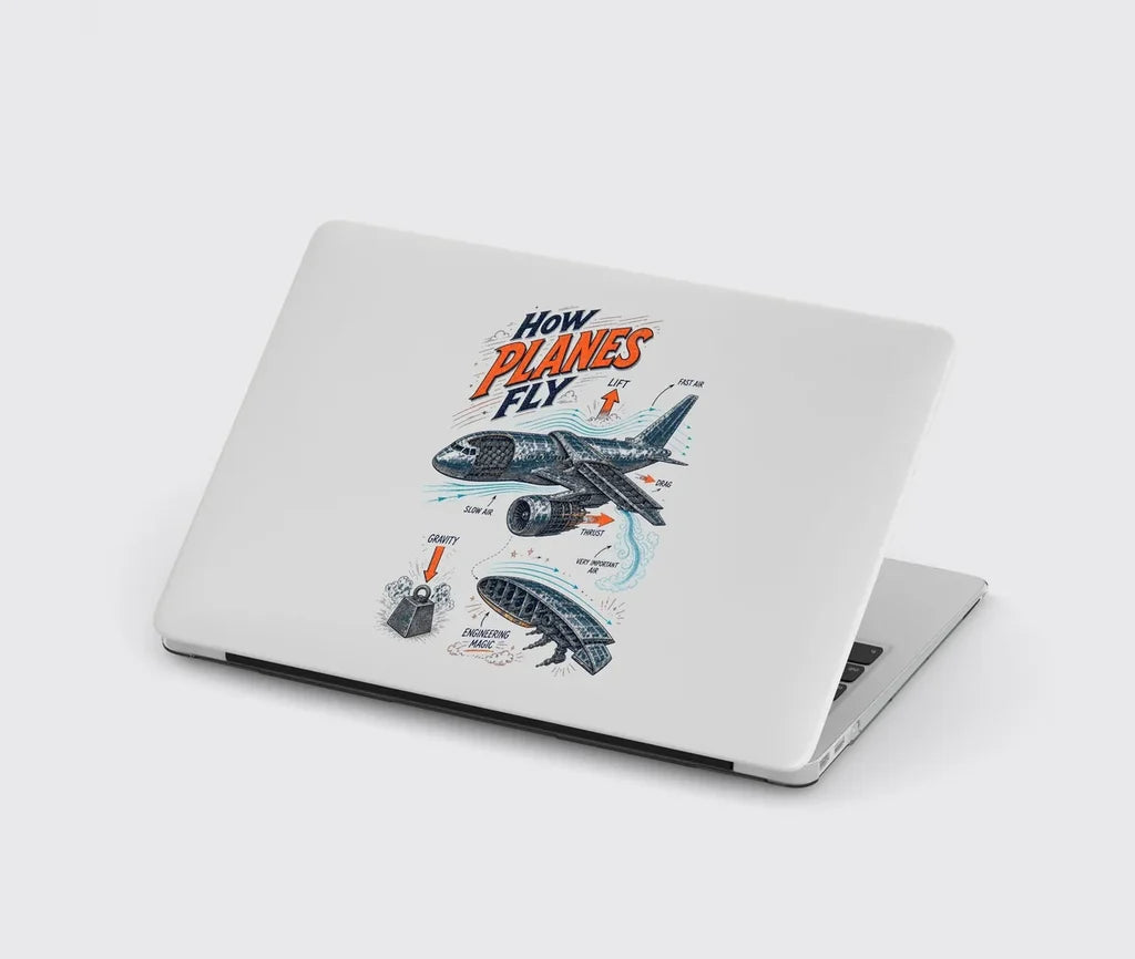How Planes Fly V2 design on light gray MacBook case
