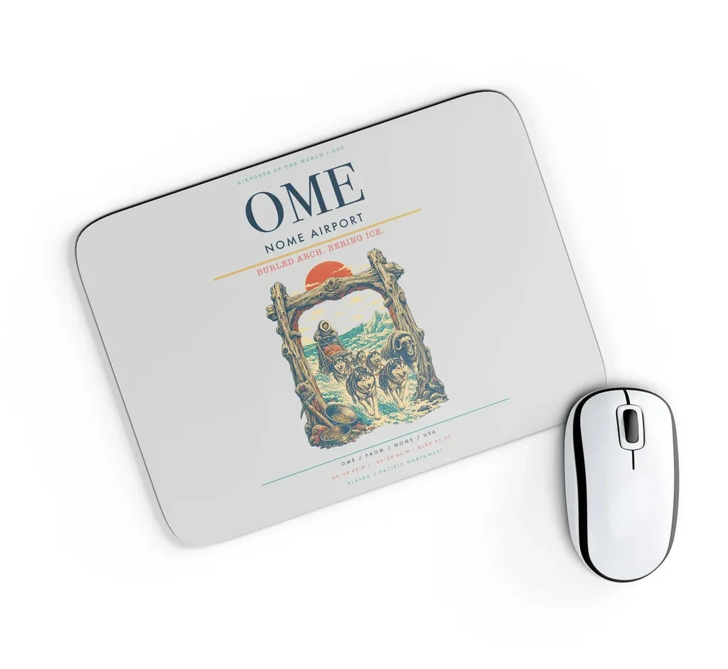 Nome Airport (OME) design on light gray rectangle mouse pad