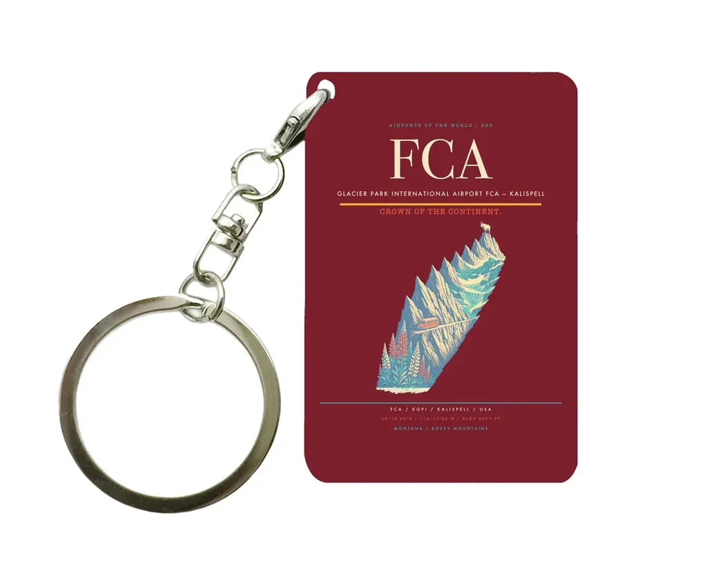 Glacier Park International Airport (FCA) design on dark red key chain