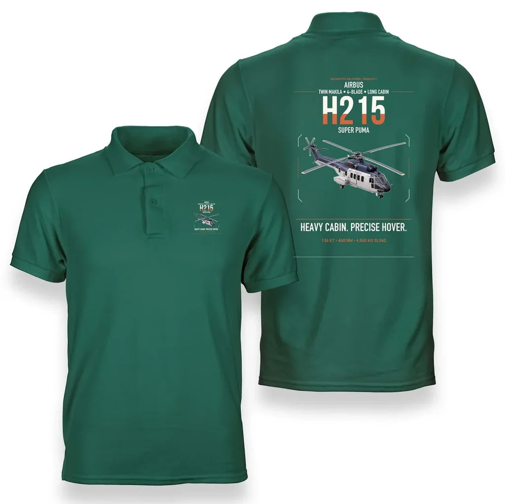 Airbus H215 design on green double-side polo t-shirt, double-side print