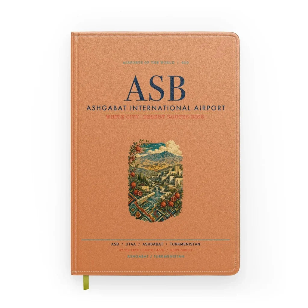 Ashgabat International Airport (ASB) design on orange notebook
