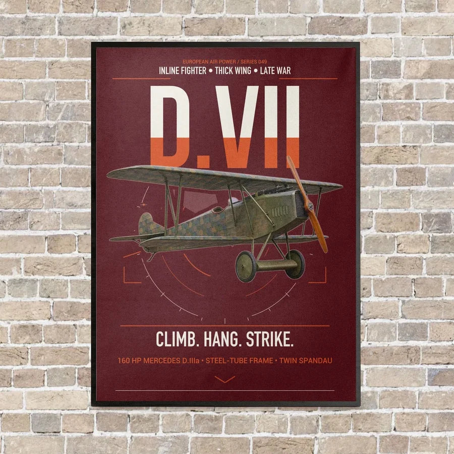 Fokker D.VII vertical canvas print - framed - dark red background