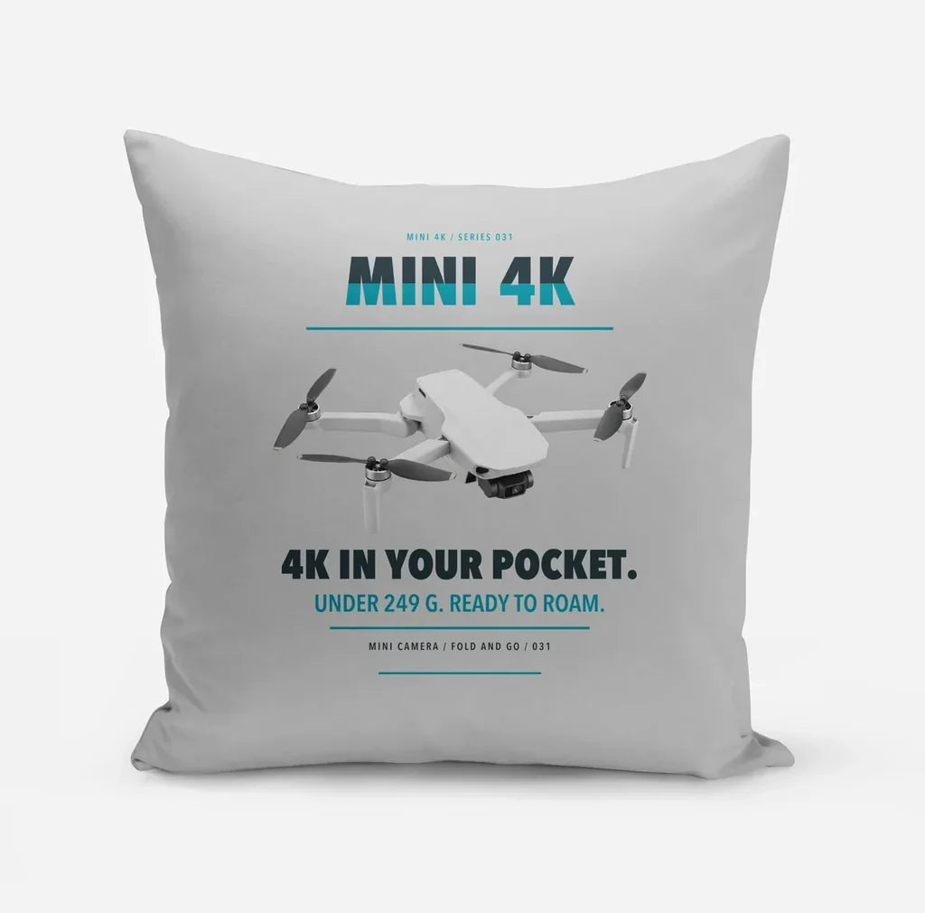DJI Mini 4K design on light gray pillow