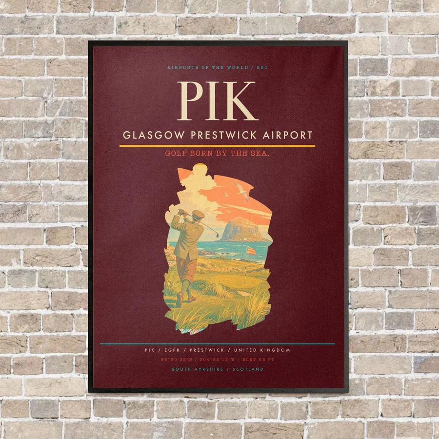 Glasgow Prestwick Airport PIK vertical canvas print - framed - dark red background