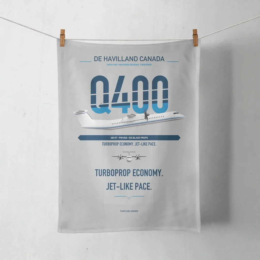 De Havilland Dash 8-400 design on light gray towel