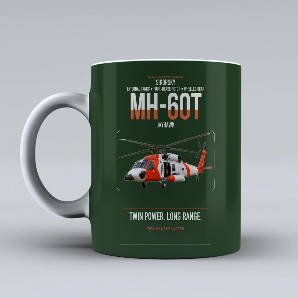 Sikorsky MH-60T Jayhawk design on dark green ceramic mug, double-side print