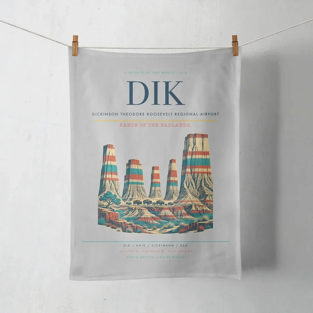 Dickinson Theodore Roosevelt Regional Airport (DIK) design on light gray towel