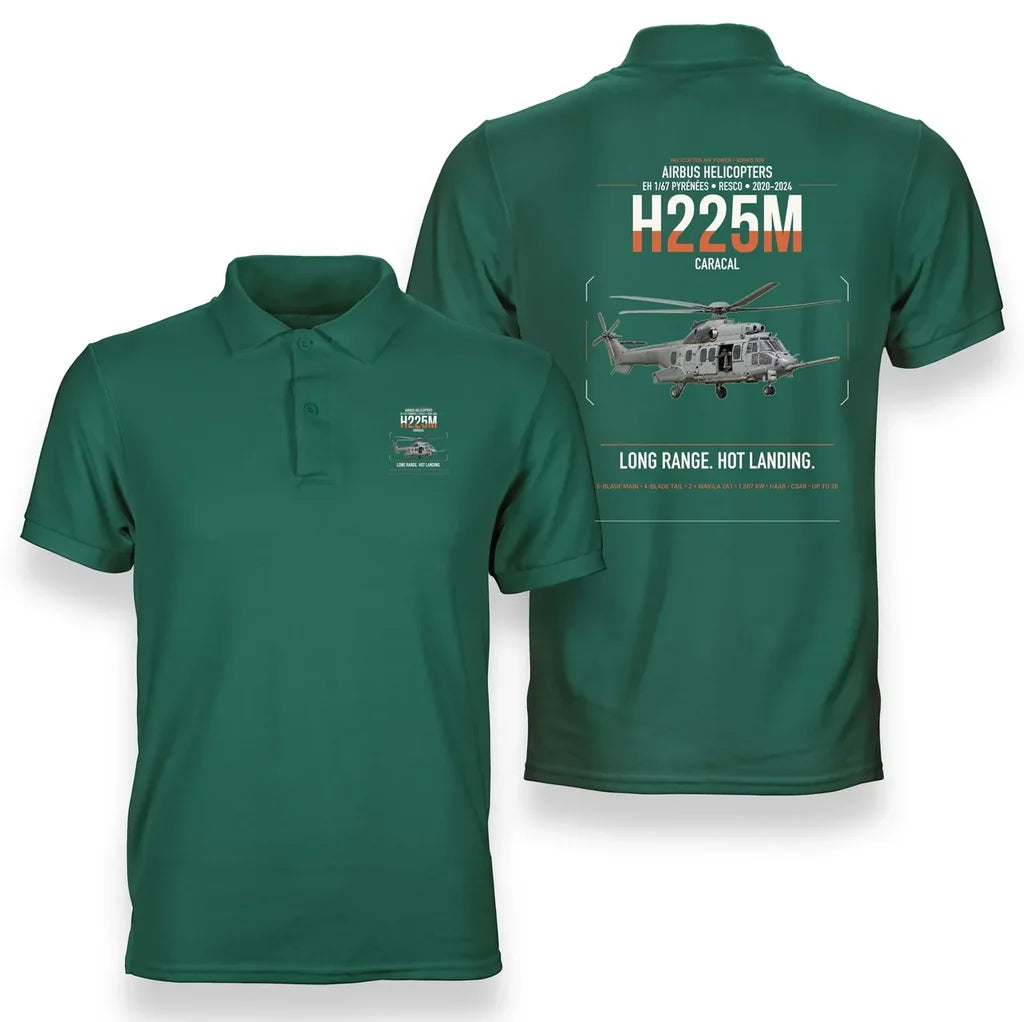 Airbus Helicopters H225M Caracal design on green double-side polo t-shirt, double-side print