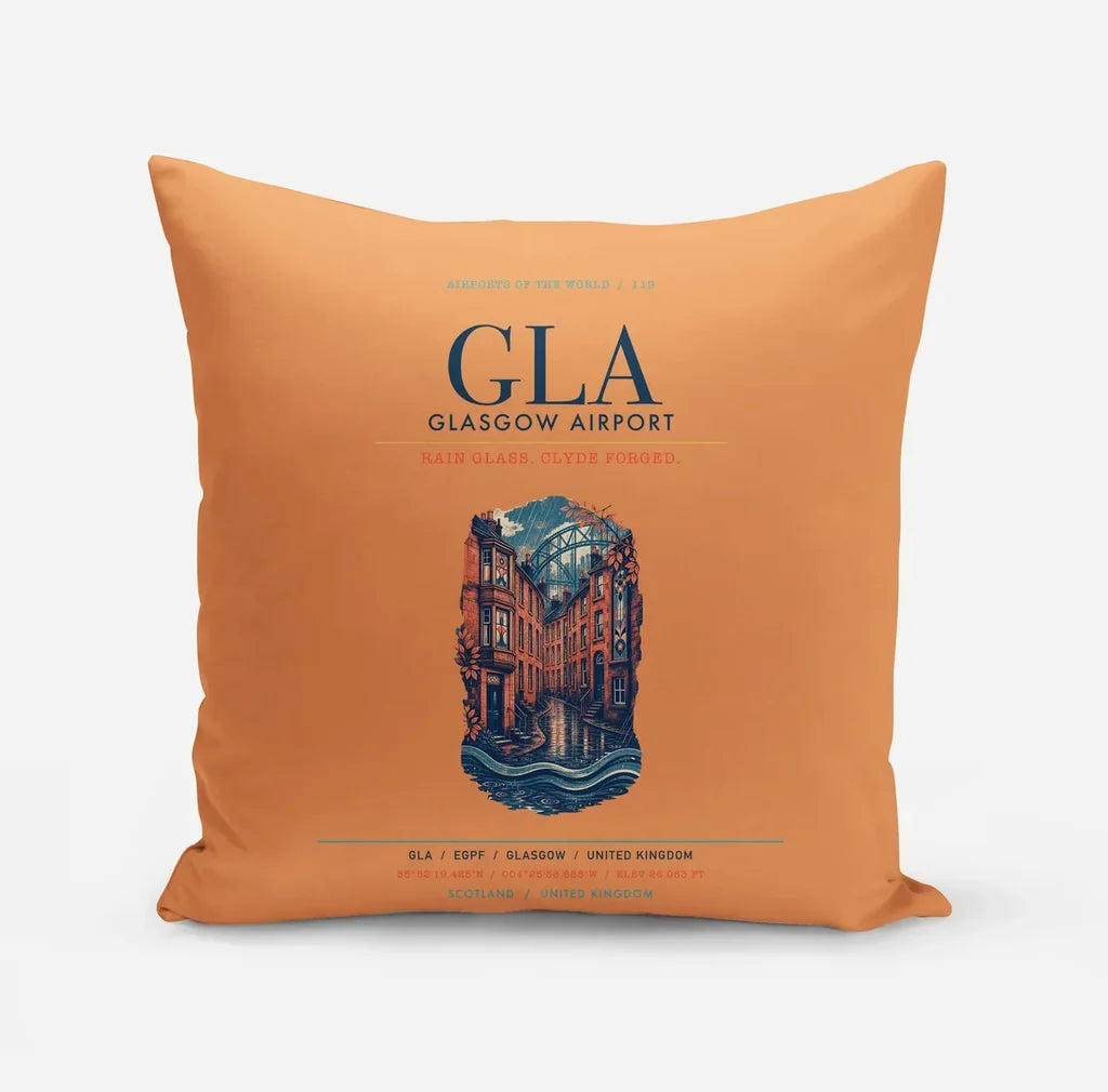 Glasgow Airport (GLA) design on orange pillow