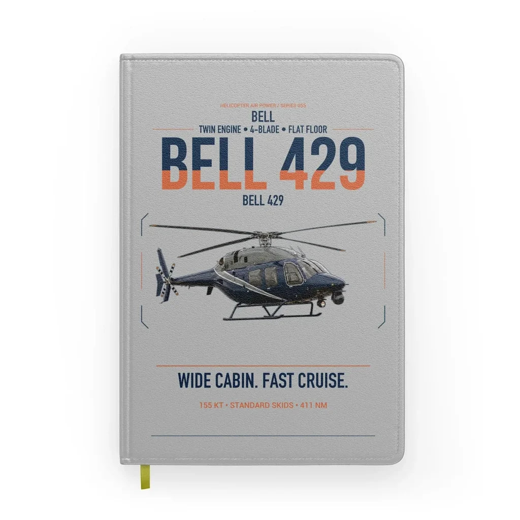 Bell 429 design on light gray notebook