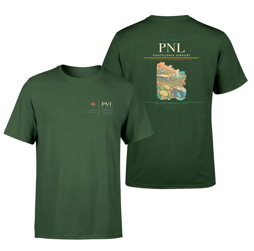 Pantelleria Airport (PNL) design printed on dark green double-side t-shirt