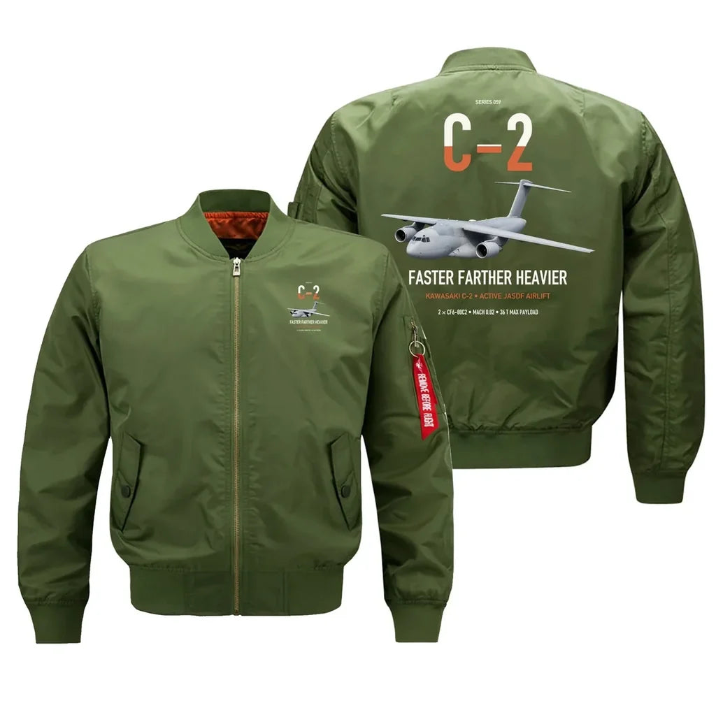 Kawasaki C-2 design on green bomber jacket, double-side print