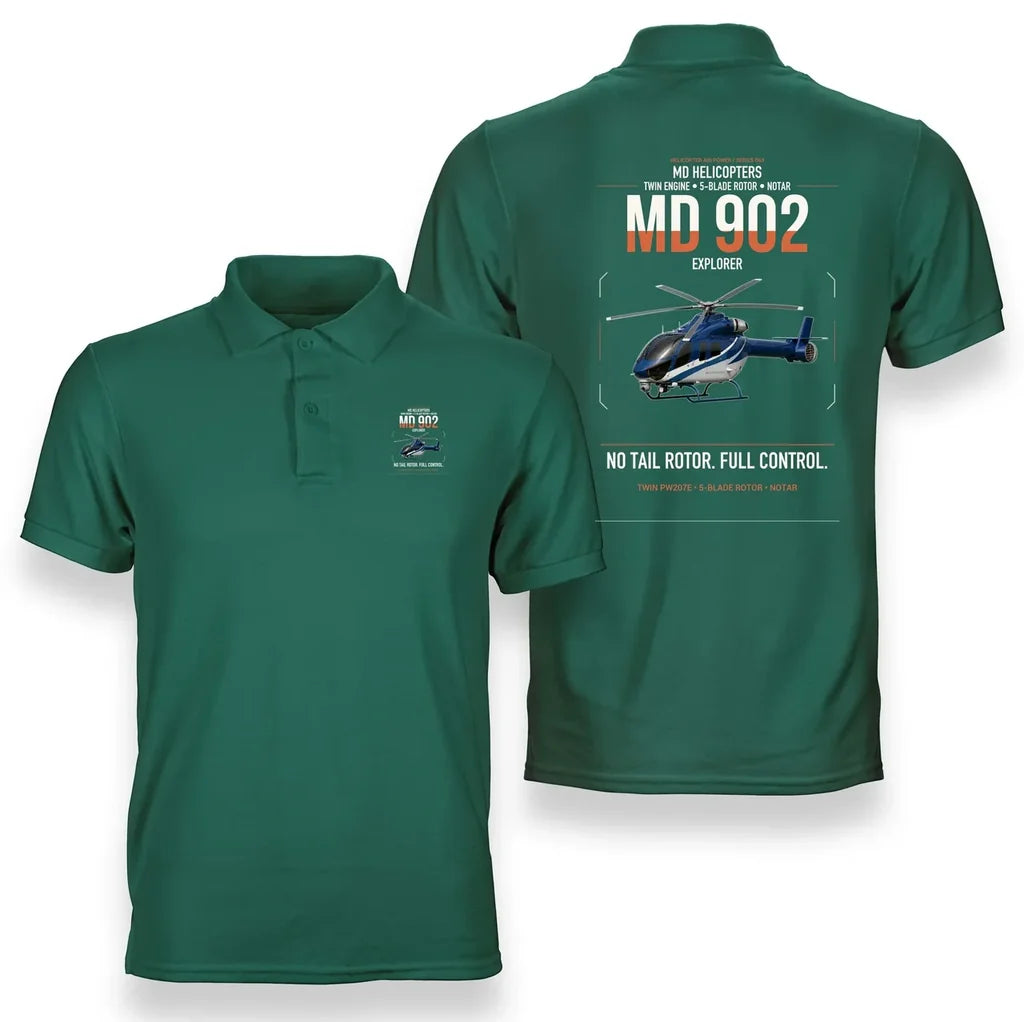 MD Helicopters MD 902 Explorer design on green double-side polo t-shirt, double-side print