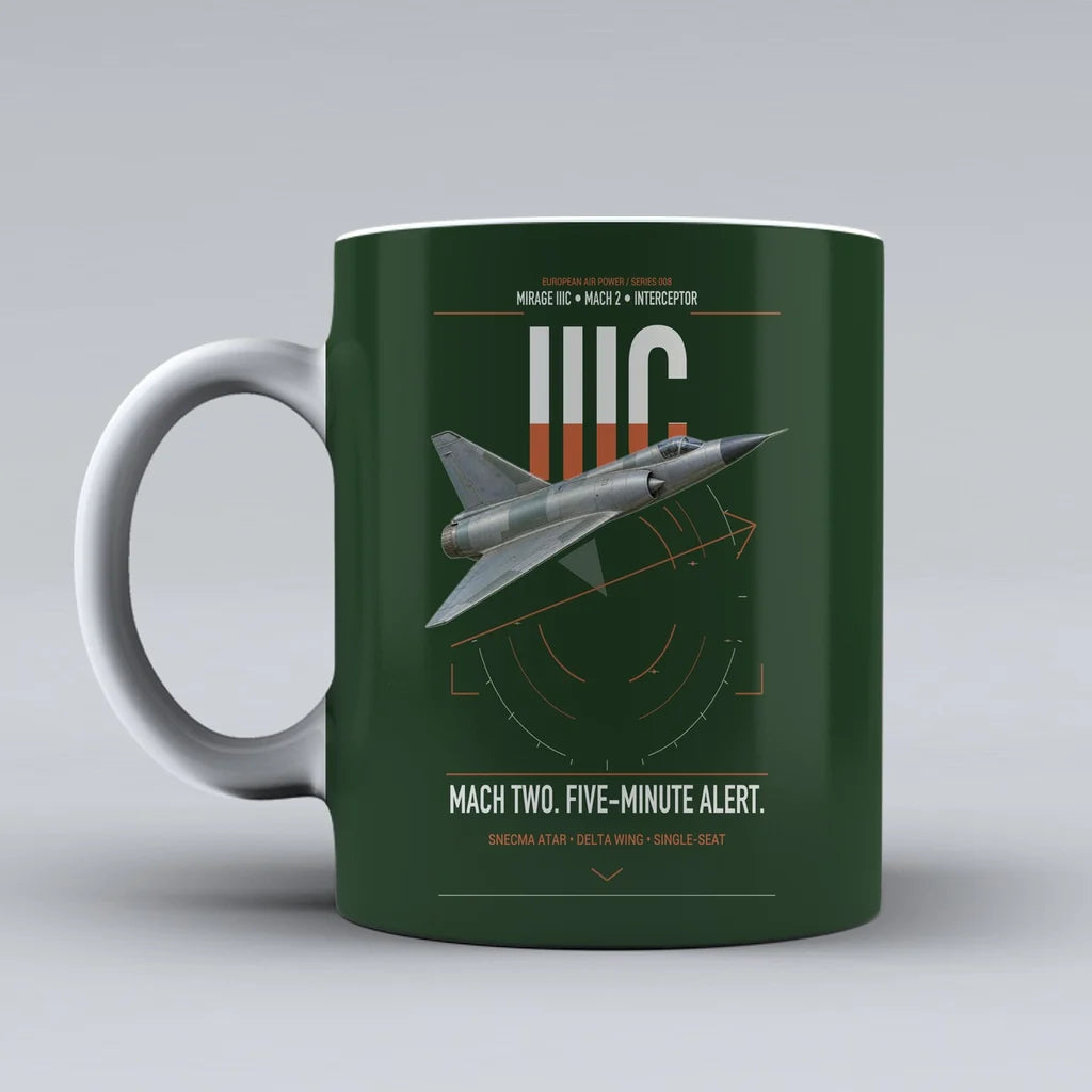 Dassault Mirage IIIC design on dark green ceramic mug, double-side print