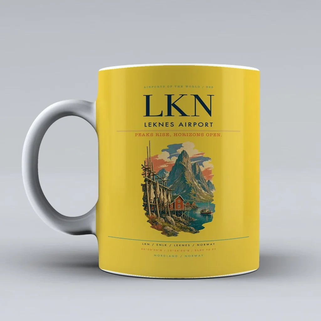 Leknes Airport (LKN) airport code design on yellow ceramic mug