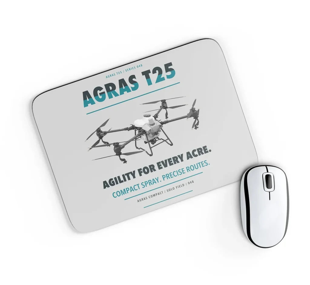 DJI Agras T25 design on light gray rectangle mouse pad