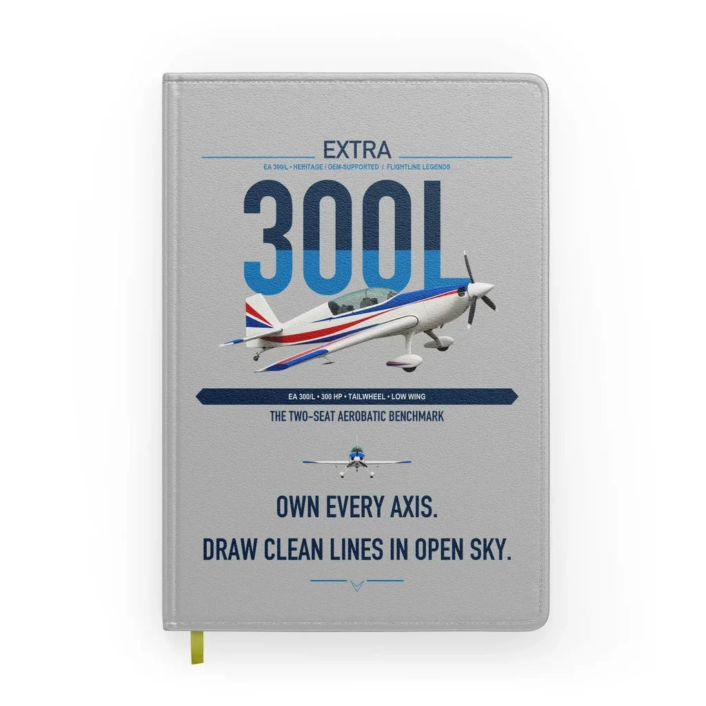 Extra 300L design on light gray notebook