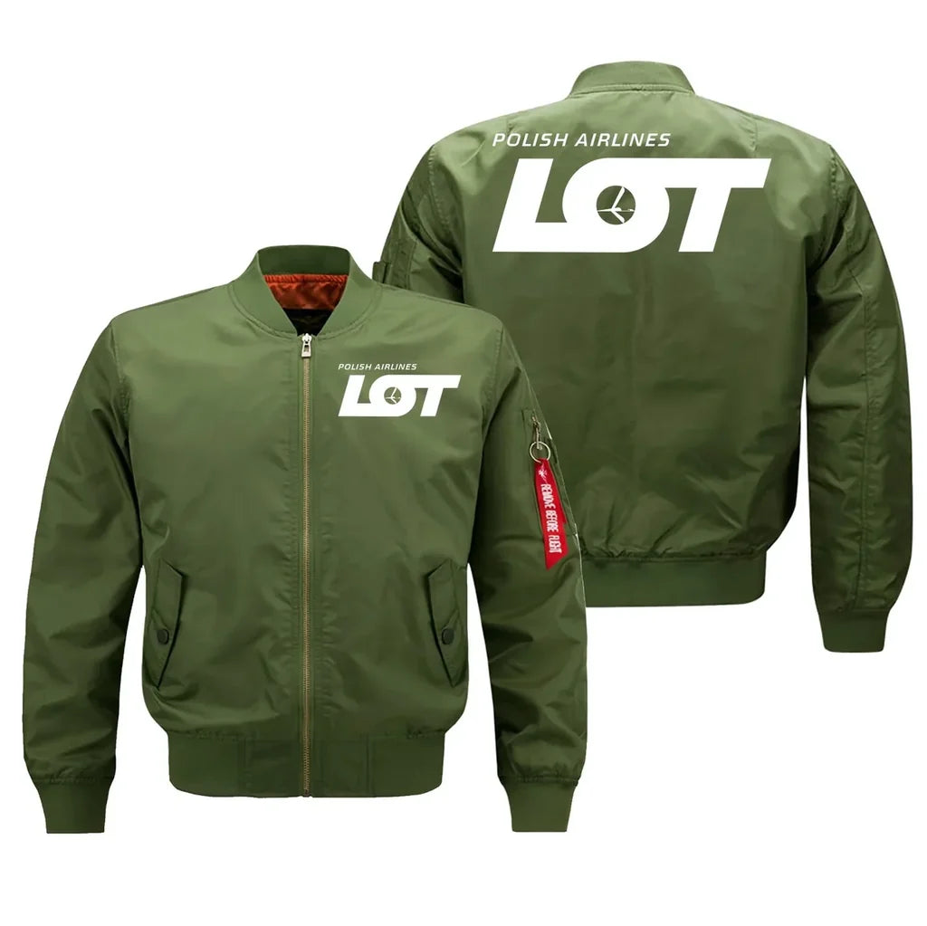 LOT Polish Airlines aviation design embroidered on green bomber jacket
