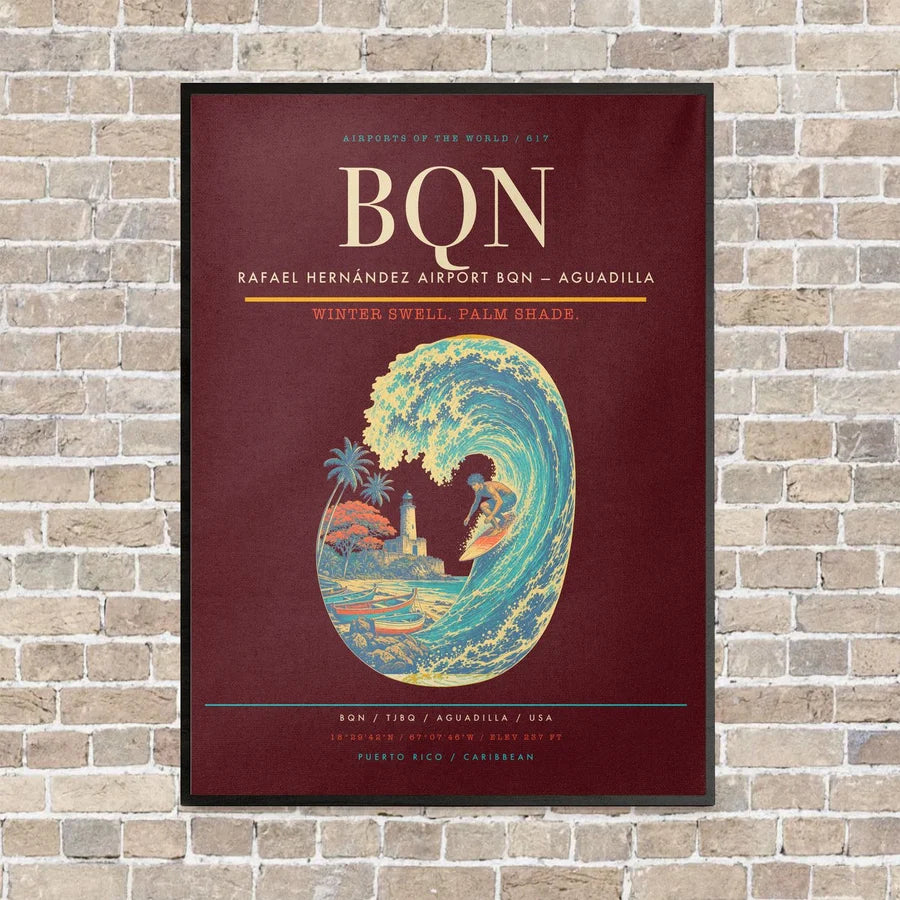 Rafael Hernández Airport BQN — Aguadilla vertical canvas print - framed - dark red background
