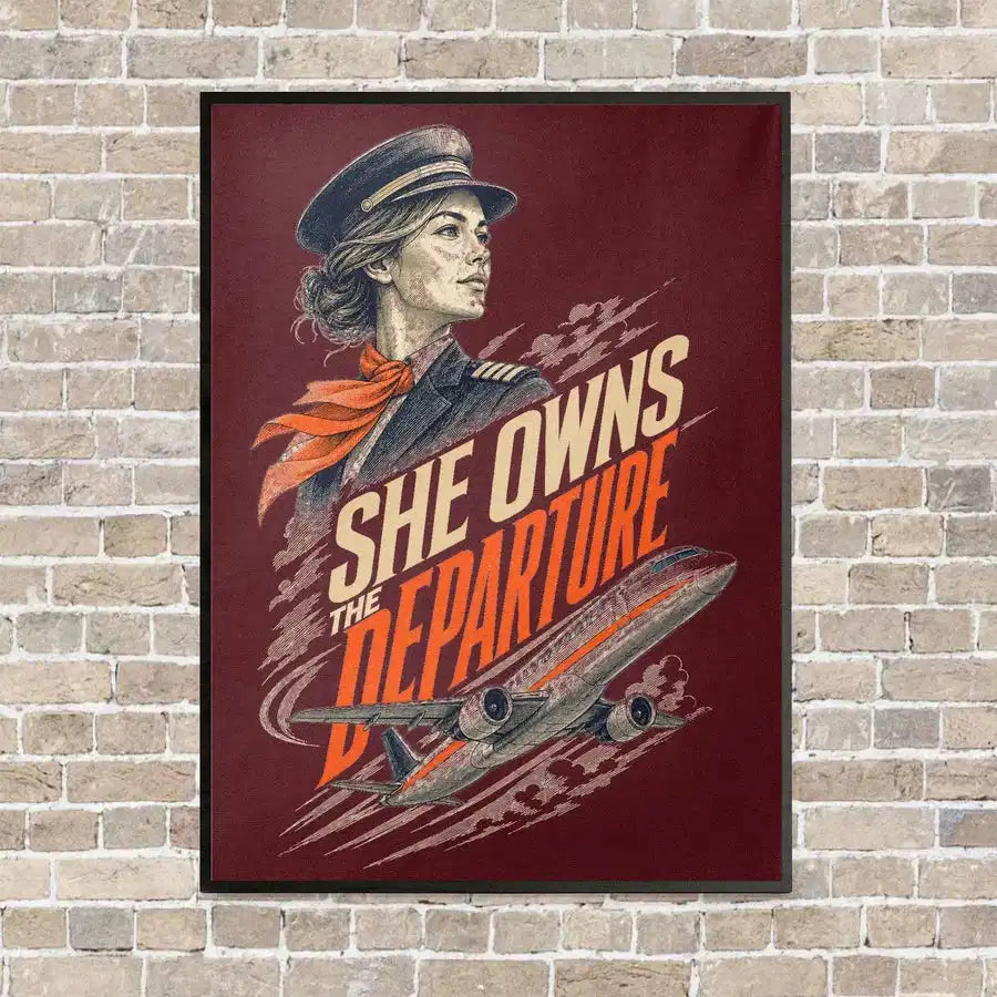 She Owns The Departure vertical canvas print - framed - dark red background