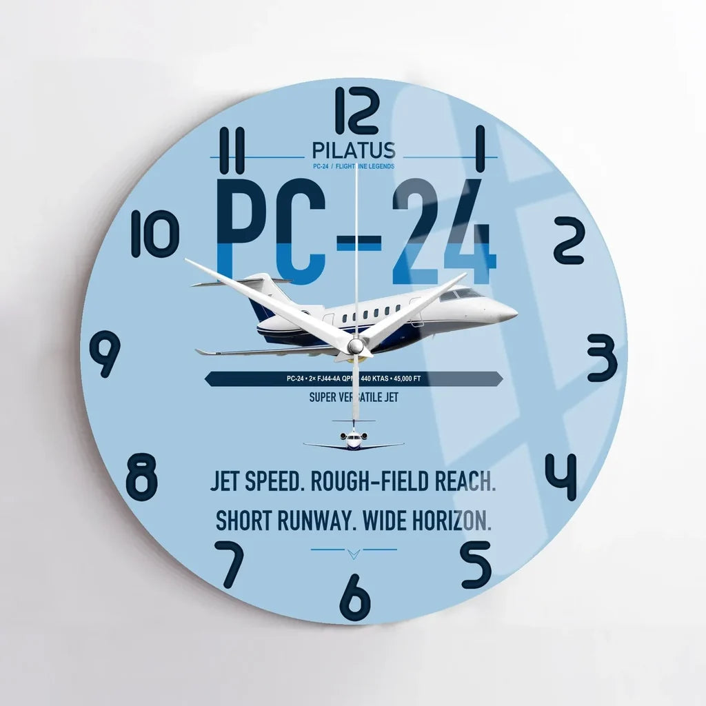 Pilatus PC-24 design on light blue no frame wall clock