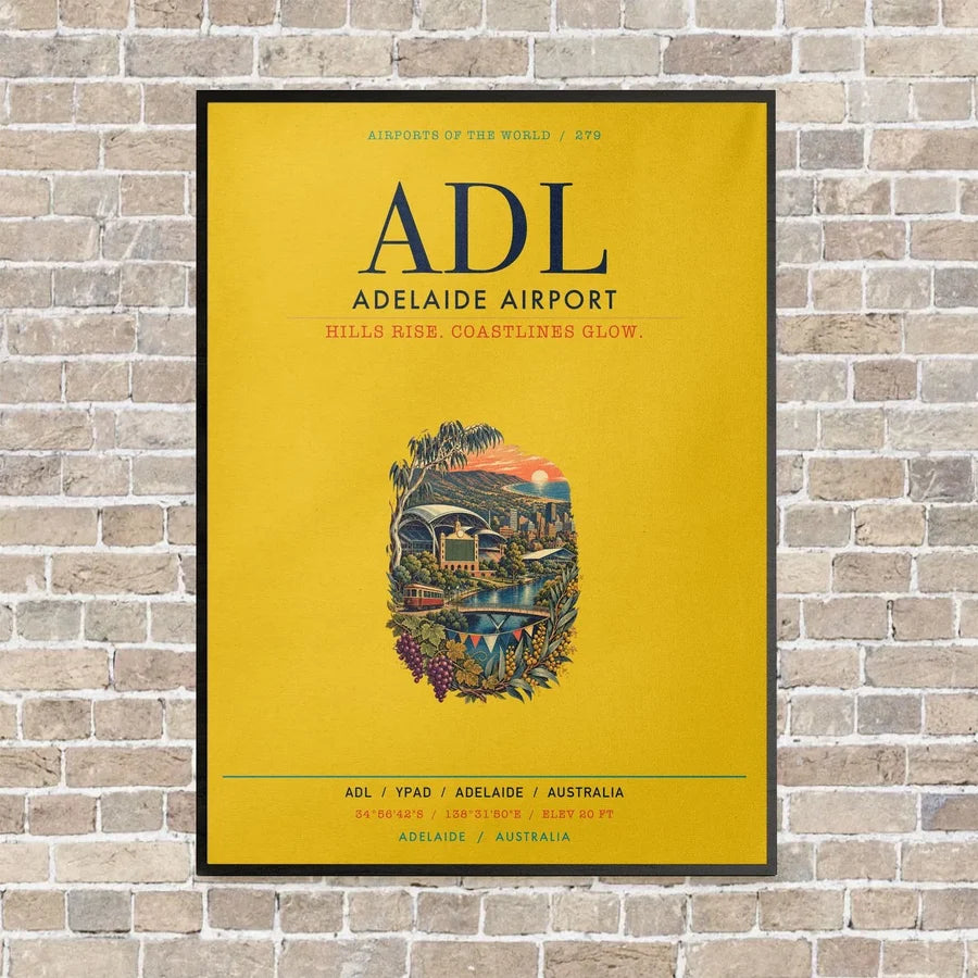 Adelaide Airport ADL vertical canvas print - framed - yellow background