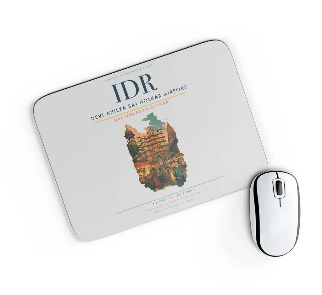 Devi Ahilya Bai Holkar Airport (IDR) design on light gray rectangle mouse pad
