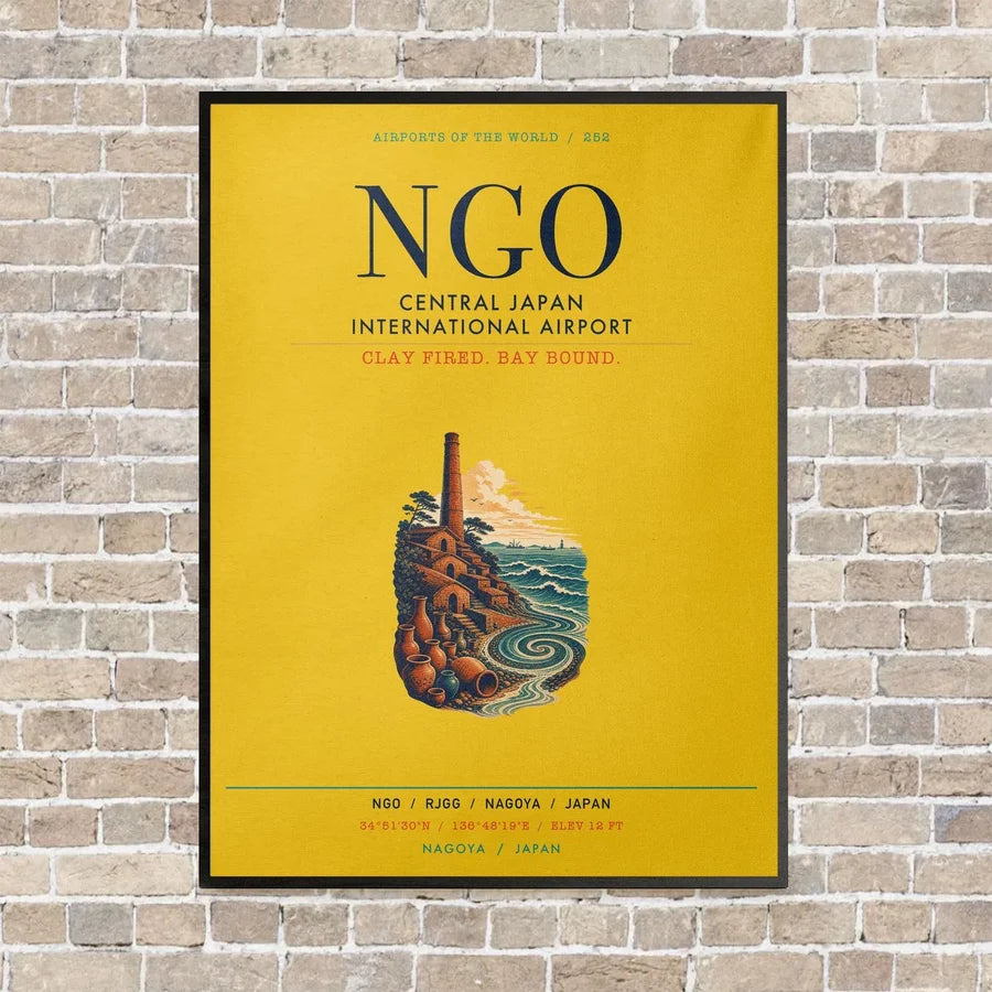 Central Japan International Airport NGO vertical canvas print - framed - yellow background
