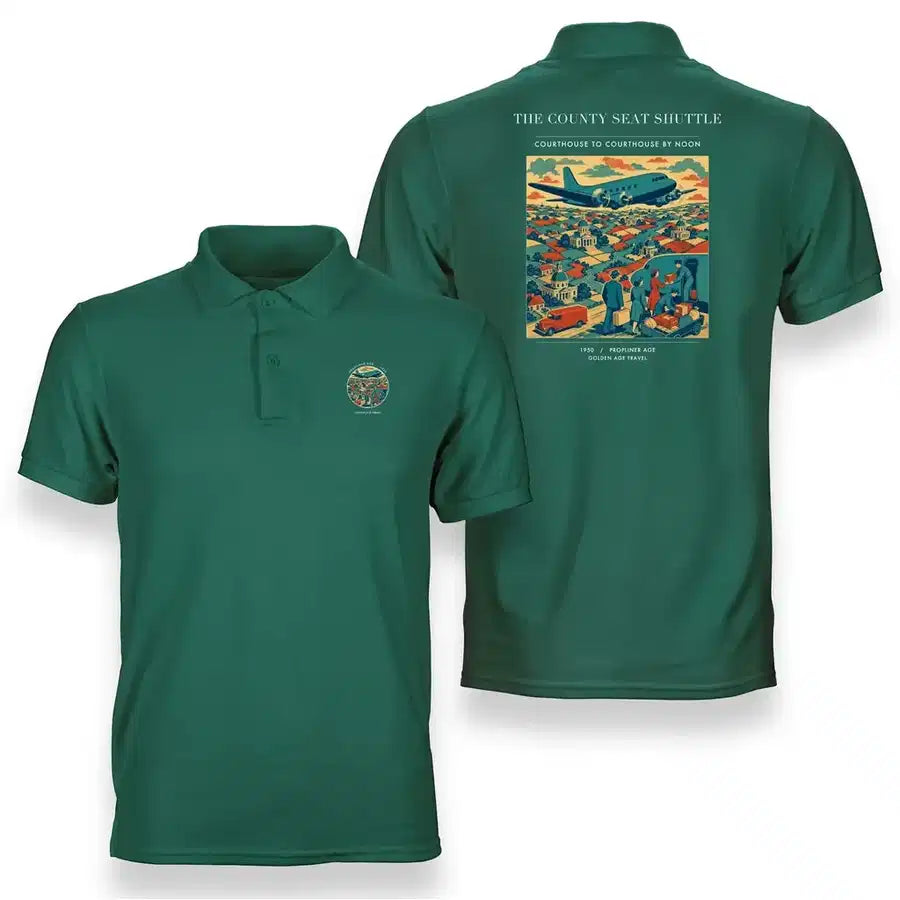 VINTAGE G4388 - The County Seat Shuttle - Double-Side Polo T-Shirt design on green