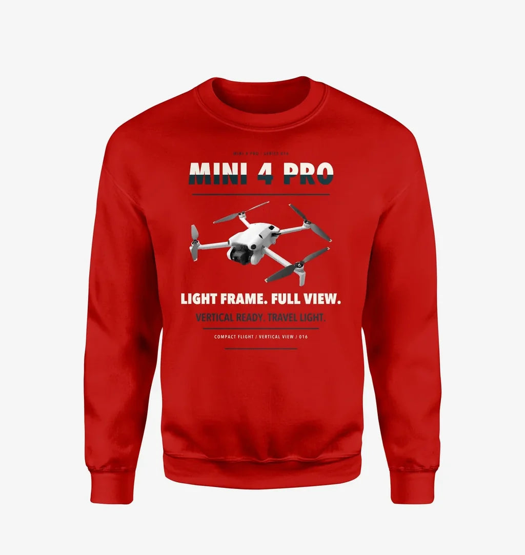 DJI Mini 4 Pro design on red sweatshirt
