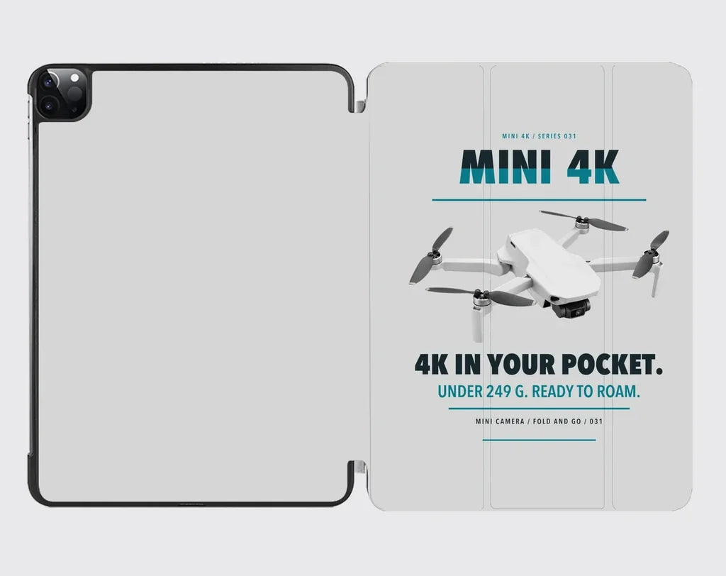 DJI Mini 4K design on light gray ipad tablet case