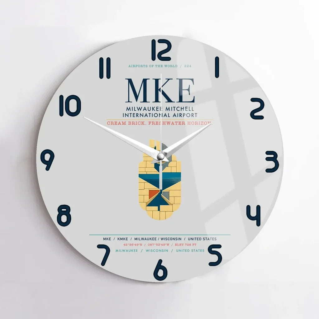 Milwaukee Mitchell International Airport (MKE) design on light gray no frame wall clock