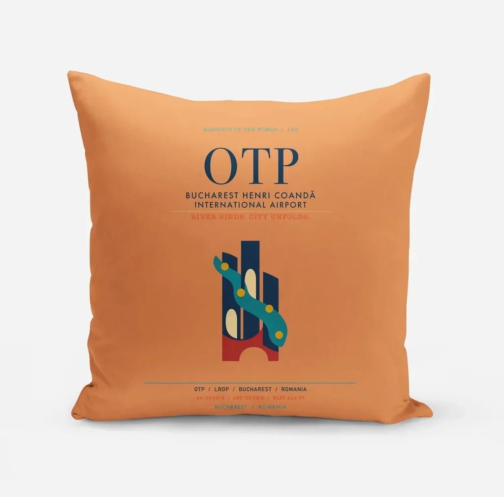 Bucharest Henri Coandă International Airport (OTP) design on orange pillow