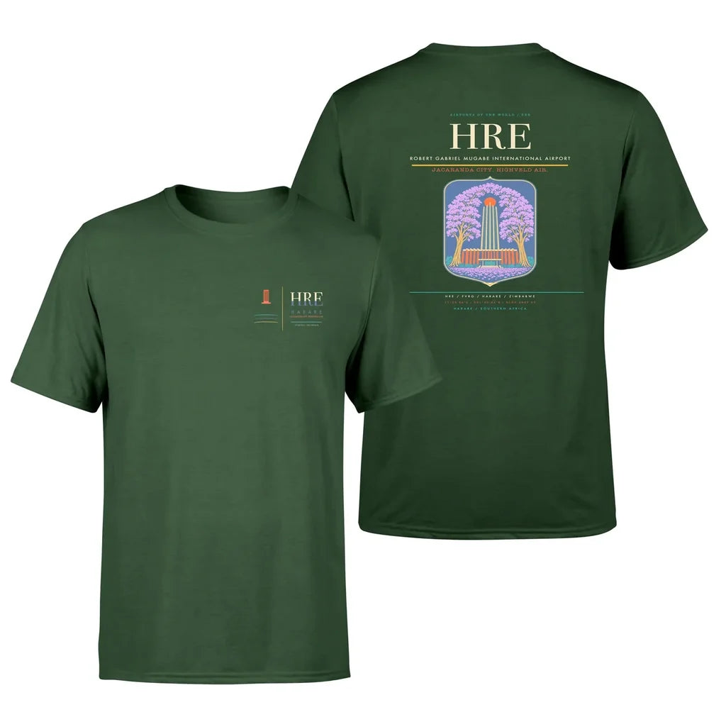 Robert Gabriel Mugabe International Airport (HRE) design printed on dark green double-side t-shirt