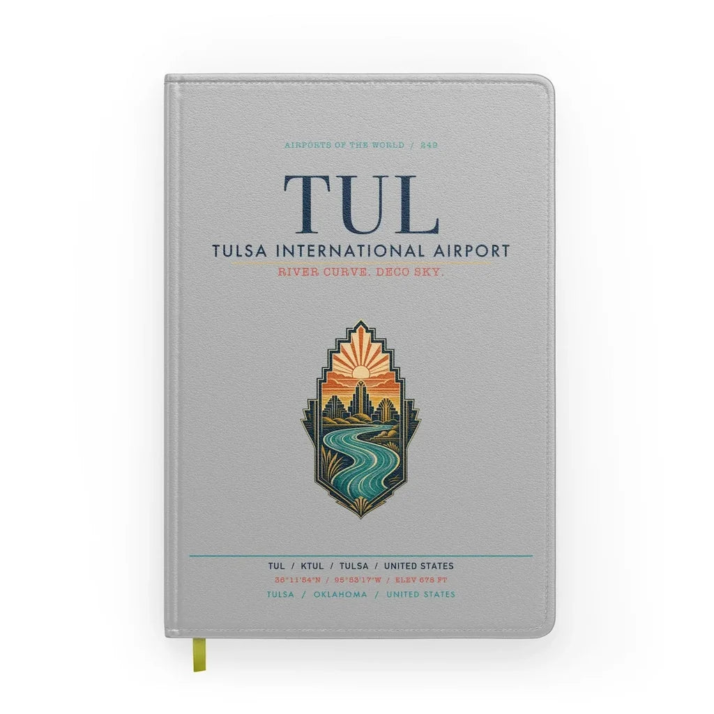 Tulsa International Airport (TUL) design on light gray notebook