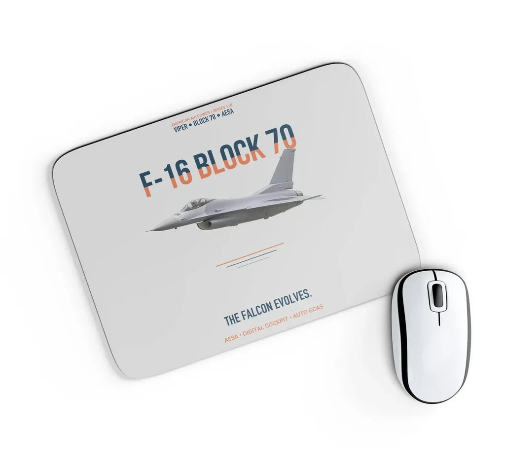 F-16 Block 70 The Falcon Evolves design on light gray rectangle mouse pad
