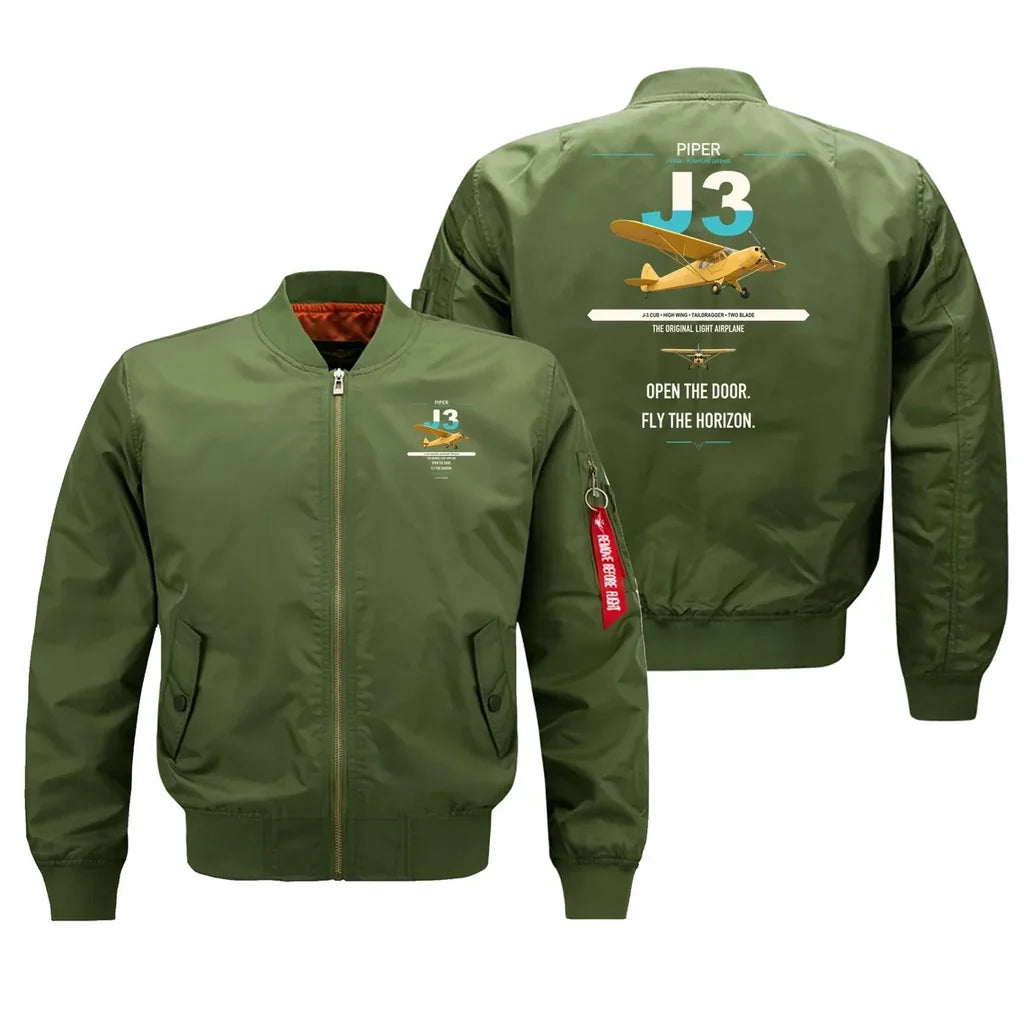 Piper J-3 Cub design on green bomber jacket, double-side print