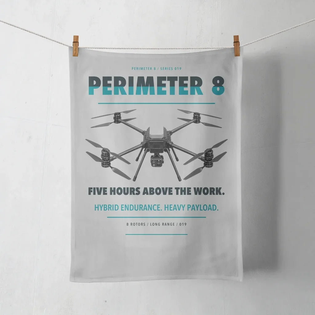 Skyfront Perimeter 8 design on light gray towel