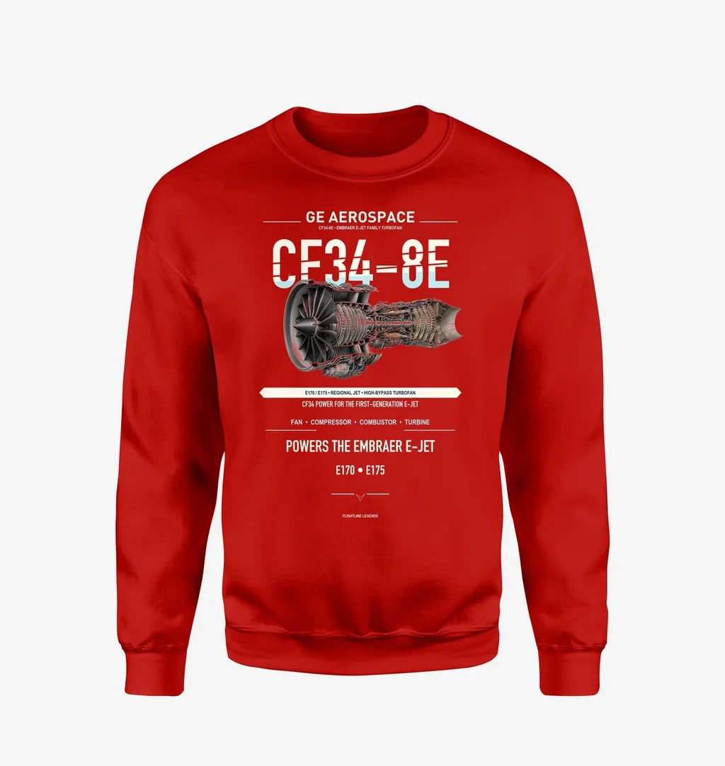 CF34-8E design on red sweatshirt