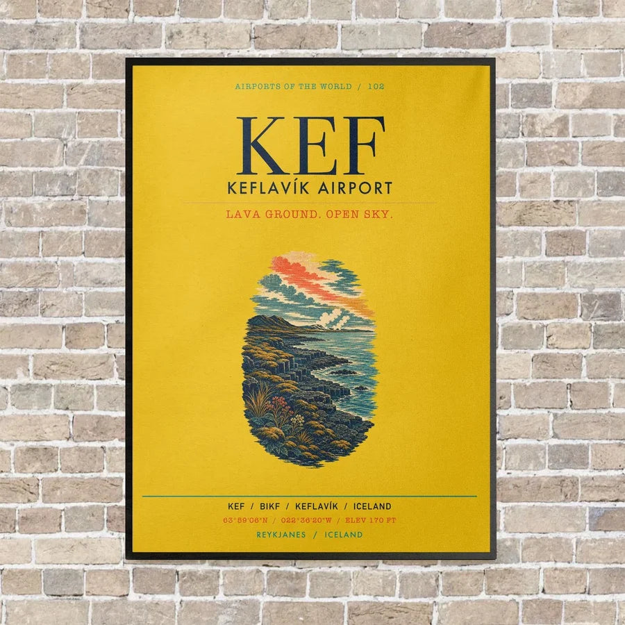 Keflavík Airport KEF vertical canvas print - framed - yellow background
