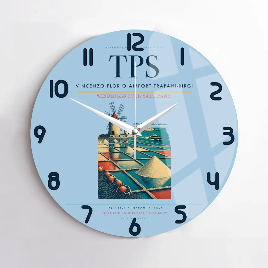 Vincenzo Florio Airport Trapani-Birgi (TPS) design on light blue no frame wall clock