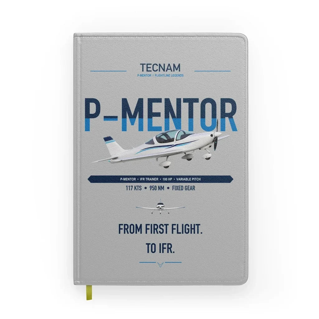 Tecnam P-Mentor design on light gray notebook
