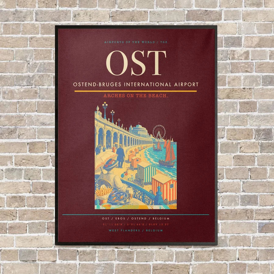 Ostend-Bruges International Airport OST vertical canvas print - framed - dark red background