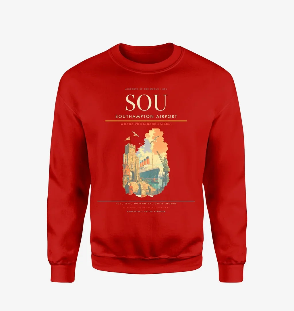 Southampton Airport (SOU) design on red sweatshirt