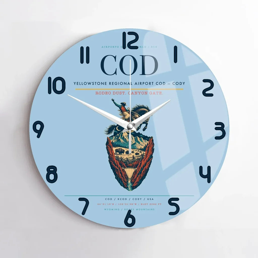 Yellowstone Regional Airport (COD) design on light blue no frame wall clock