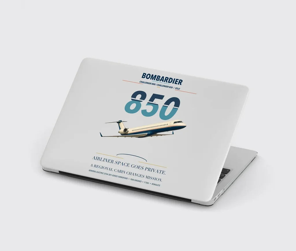Bombardier Challenger 850 design on light gray MacBook case