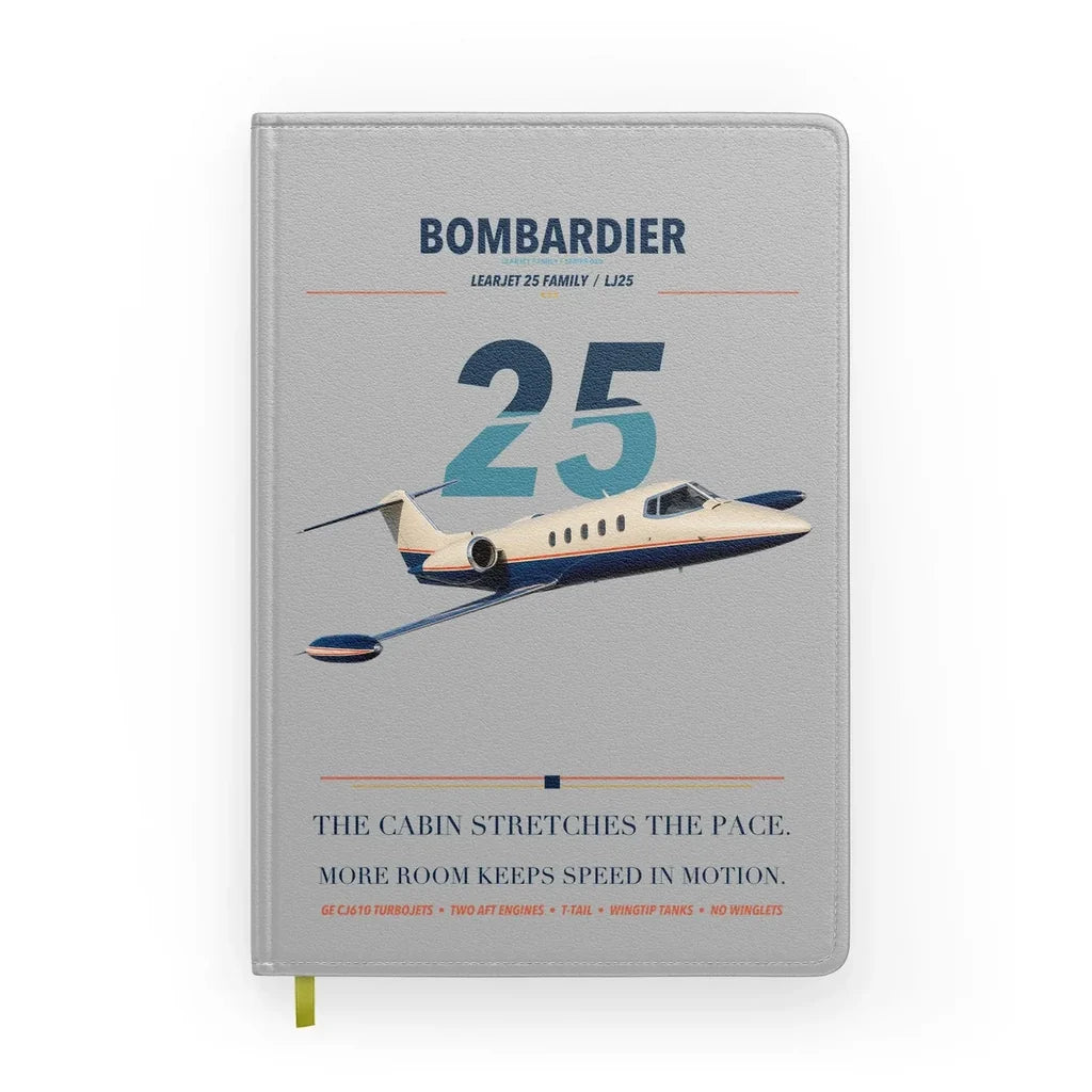 Bombardier Learjet 25 design on light gray notebook