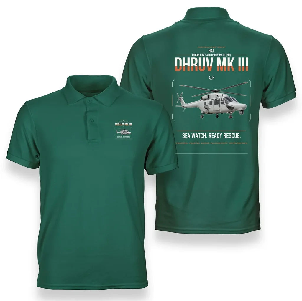 HAL ALH Dhruv Mk III design on green double-side polo t-shirt, double-side print