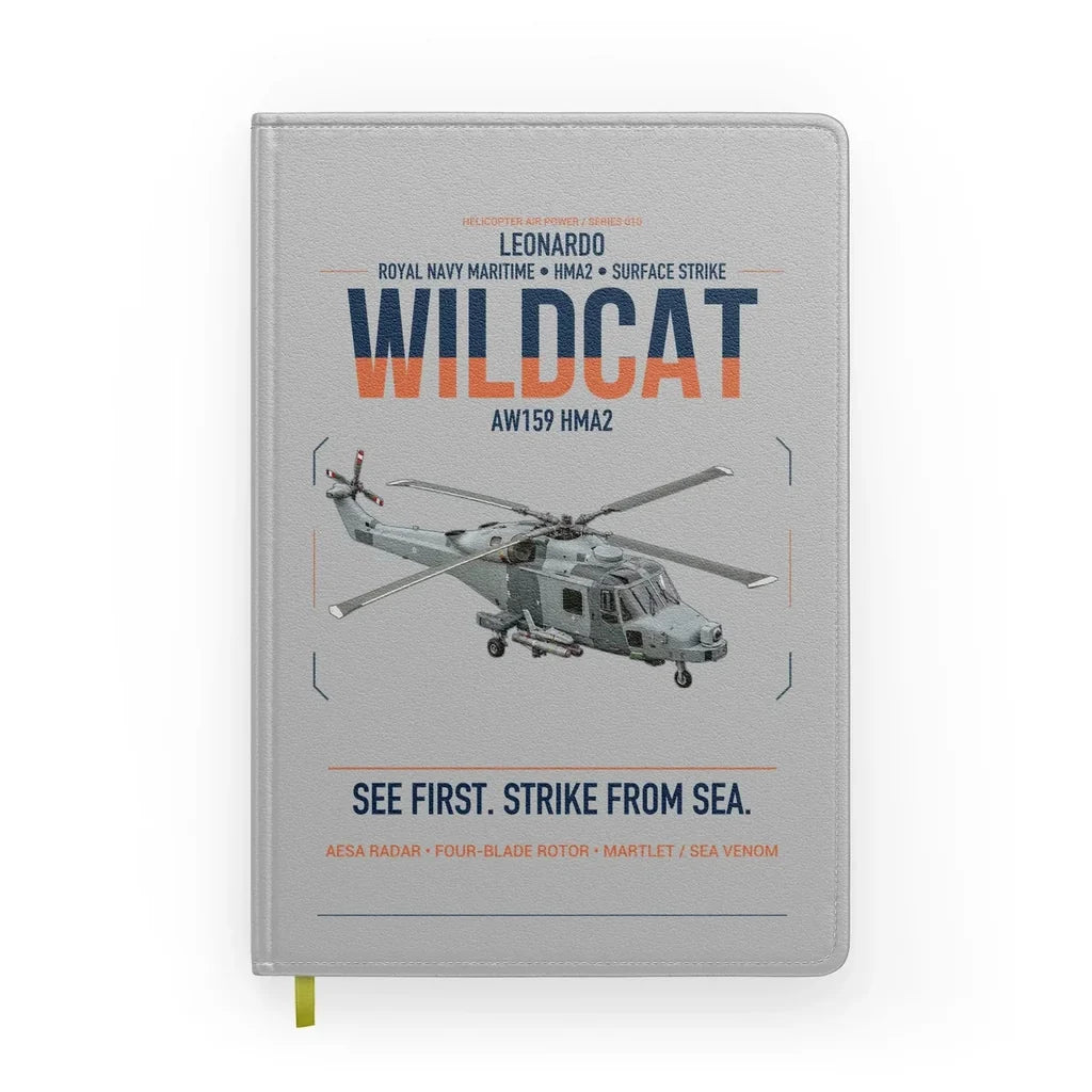 Leonardo AW159 Wildcat HMA2 design on light gray notebook